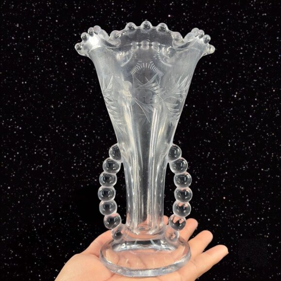 Imperial Candlewick Clear Flower Vase Ruffled Rim Etched Flowers Clear Vintage - Picture 12 of 12